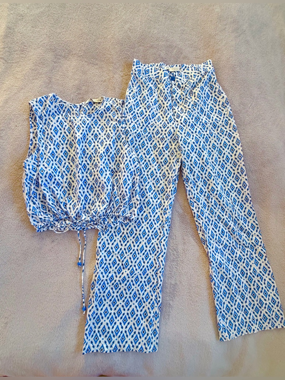 Zara Blue Geometric White Blue Top & Pants Women's Two-Piece Set Size S